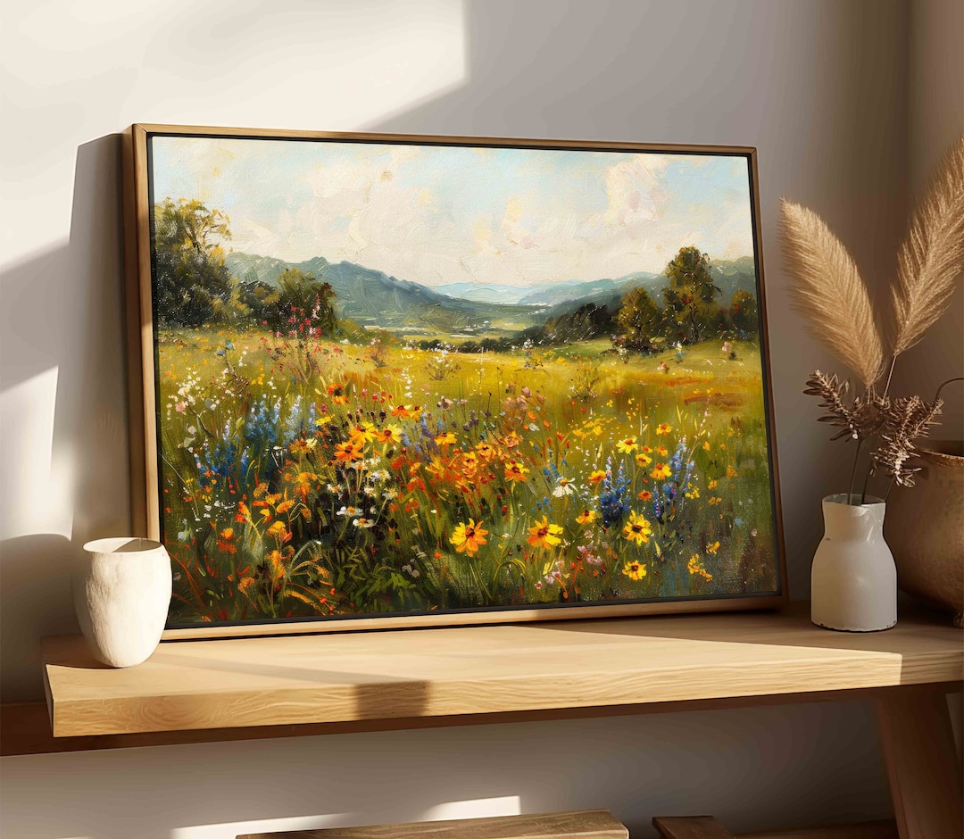 Vintage Wildflower Oil Painting Wall Art Framed, Wildflower Field ...