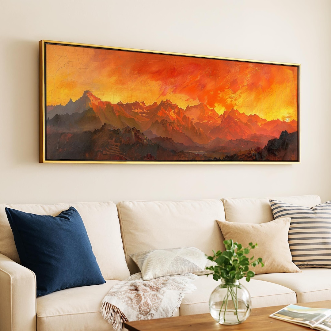 Vintage Sunset Mountain Framed Canvas: Panoramic Landscape Wall Art - Etsy