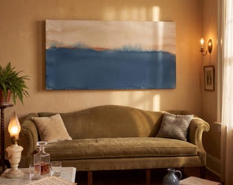 Sand and Slate Blue Abstract Wall Art, Soak Stained Horizon Feathering Into a Deep Blue Mass With One Rust Seam, Long Horizontal Canvas