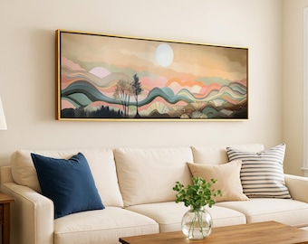 Mid Century Modern Landscape Framed Canvas: Panoramic Boho Wall