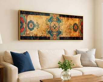 Tapiz vintage para pared: Impresión textil enmarcada en tonos beige y verde salvia.