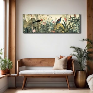 Panoramic Botanical Wall Art: Tropical Birds Floral Print