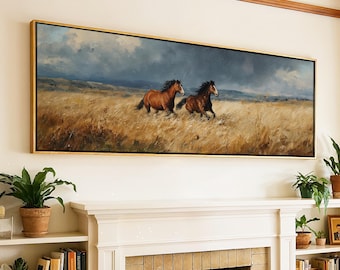 Framed Panoramic Wild Mustang Canvas Art, Stormy Western Field
