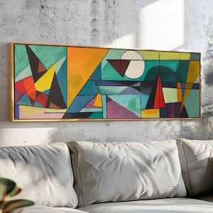 Halverwege de eeuw moderne muurkunst ingelijst, moderne horizontale muurkunst print, abstracte kunst, geometrische muurkunst, boho muur decor, kunst aan de grote muur