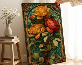 Vintage bloemen muurkunst ingelijst, decor Dark Academia, humeurig botanisch schilderij, print rustieke rozen