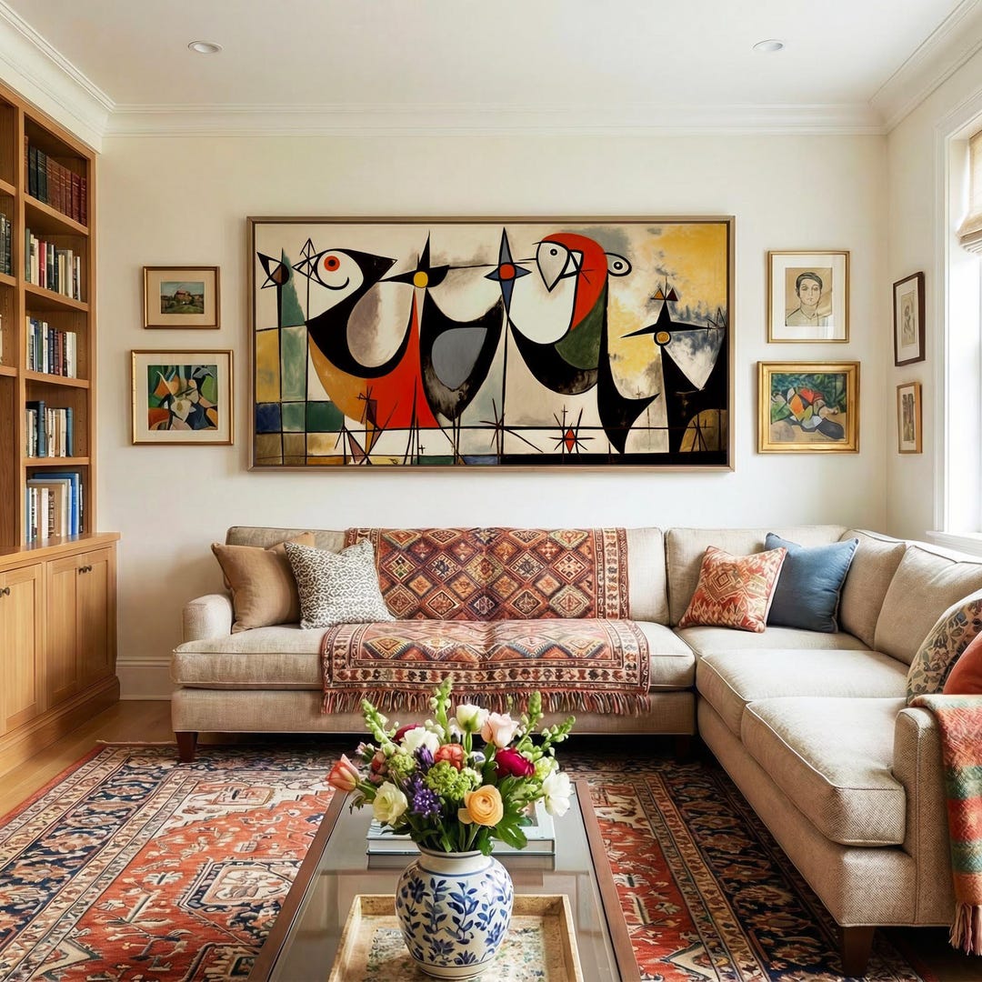 Mid Century Modern Birds on Wire Wall Art Framed, Horizontal Abstract ...