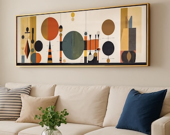 Mid-Century Modern Wall Art Framed: Large Geometric Horizontal Boho Decor for Living Room