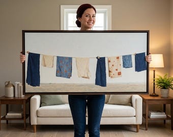 Clothesline Modern Wall Art Framed - Indigo Linen on a Line - Horizontal Modern Wall Art - Above Bed Art