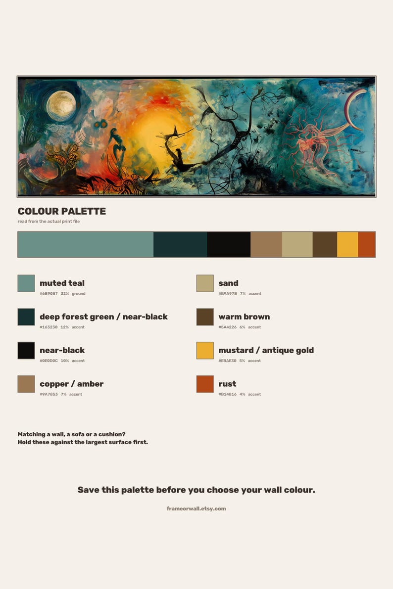 Colour palette read from the print file: every tone in this artwork with its hex code and its share of the panel