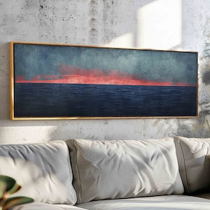 Horizontal Seascape Wall Art Framed, Moody Panoramic Wall Art, Large Wide Wall Art, Above Bed Decor, Calm Wall Art,