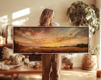 Lienzo con estampado de puesta de sol vintage: Arte mural panorámico de paisaje pastoral.