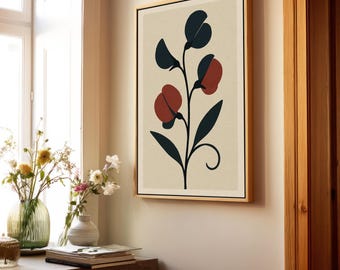 Imprimé floral rétro Bauhaus, pois de senteur Mid-Century, oeuvre d'art botanique de mauvaise humeur dans des tons terreux