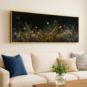 Wildflower Field at Night: Framed Panoramic Moody Landscape Wall Art for Above Bed Decor