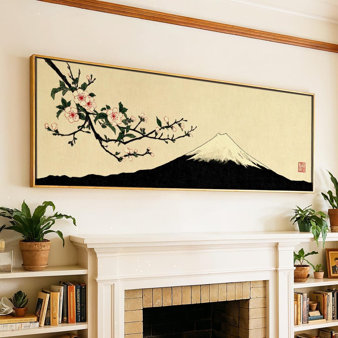 Panoramic Japanese Wall Art Framed, Mount Fuji & Cherry Blossom Print ...