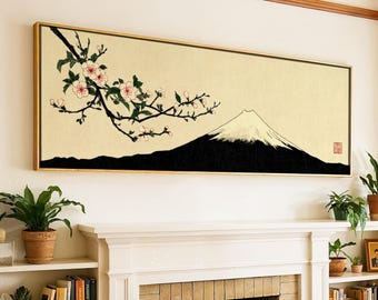 Cuadro panorámico japonés para pared, con estampado del Monte Fuji y flores de cerezo, estilo minimalista japonés - Decoración Zen