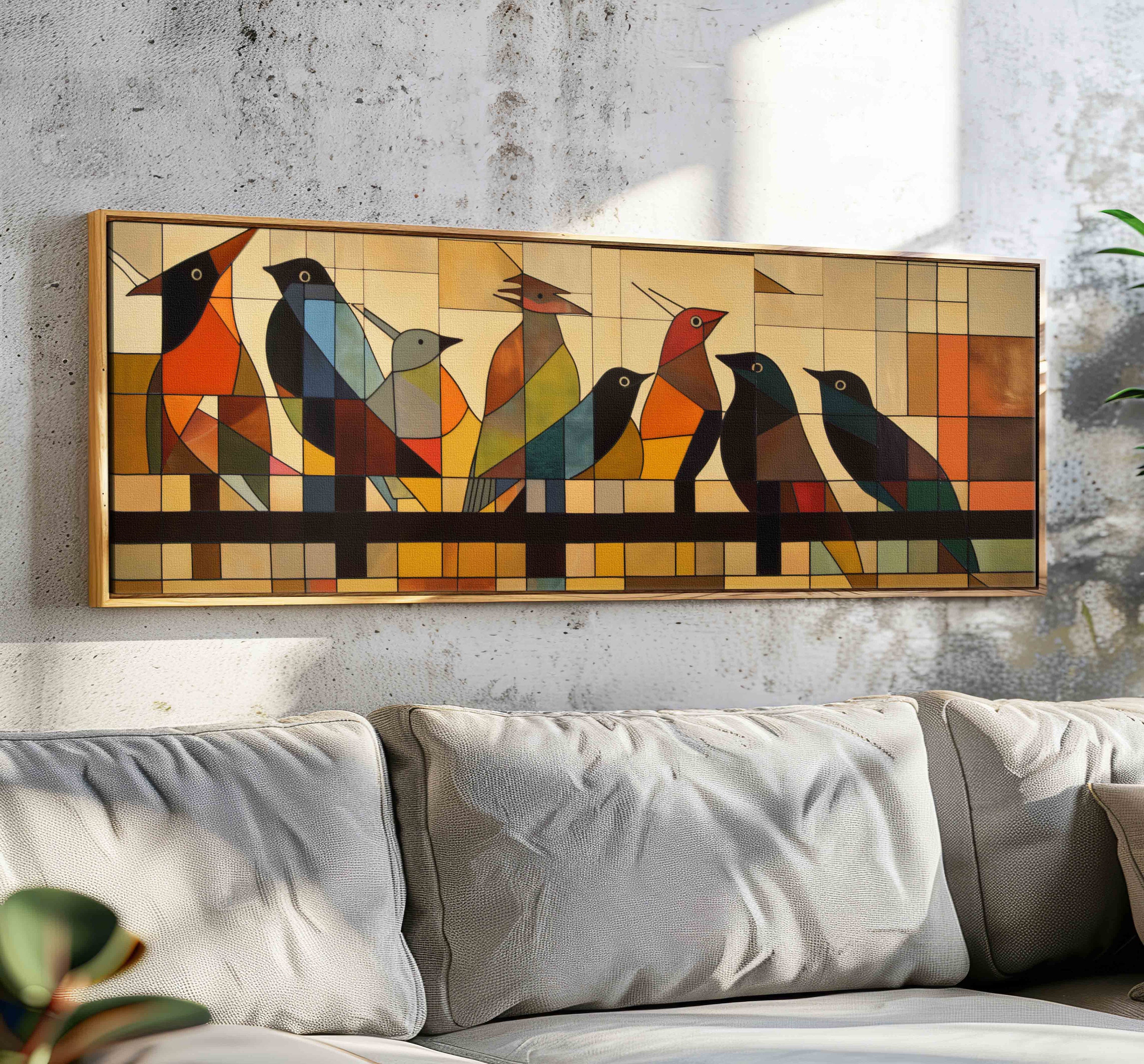 Birds on Wire Framed Print: Mid Century Modern Geometric Wall Art