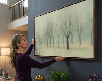 Sage Green and Cream Misty Orchard Wall Art, Bare Winter Trees in Morning Fog, Large Horizontal Art for a Quiet Room