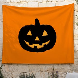 Halloween Tapestry: Smiling Jack O&#39; Lantern Pumpkin Art on Orange