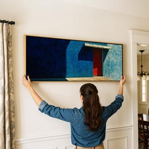 Framed Panoramic Wall Art: Modern Blue & Red Door Print