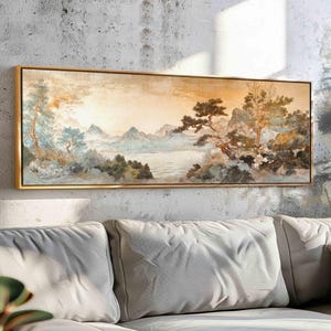 Vintage Japanese Tapestry Wall Art Framed, Asian Vintage Textile Wall Art Print, Landscape Tapestry Print, Boho Wall Decor, Above Bed Decor