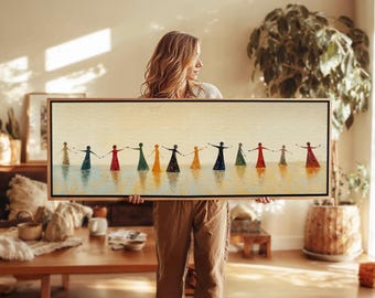 Tela emoldurada com silhueta minimalista de pessoas dançando em estilo abstrato.