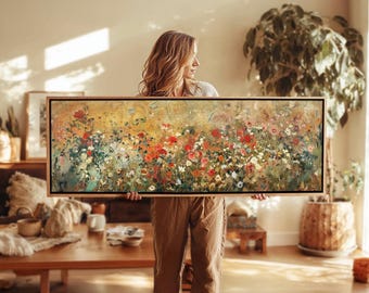 Abstract Wildflower Wall Art Framed Painting: Panoramic Landscape Art Print
