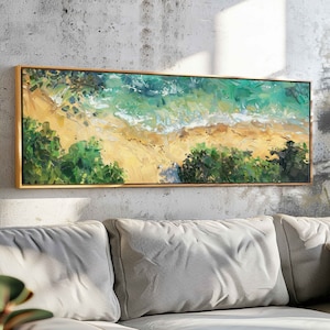 Framed Coastal Aerial Beach Painting: Panoramic Wall Art