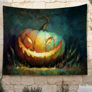 Creepy Grinning Pumpkin Tapestry: Halloween Wall Art Decor