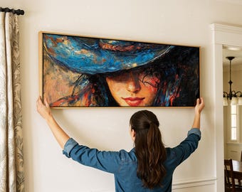 Ingelijste canvas kunstdruk cowgirl: gouden lijst, westers decor