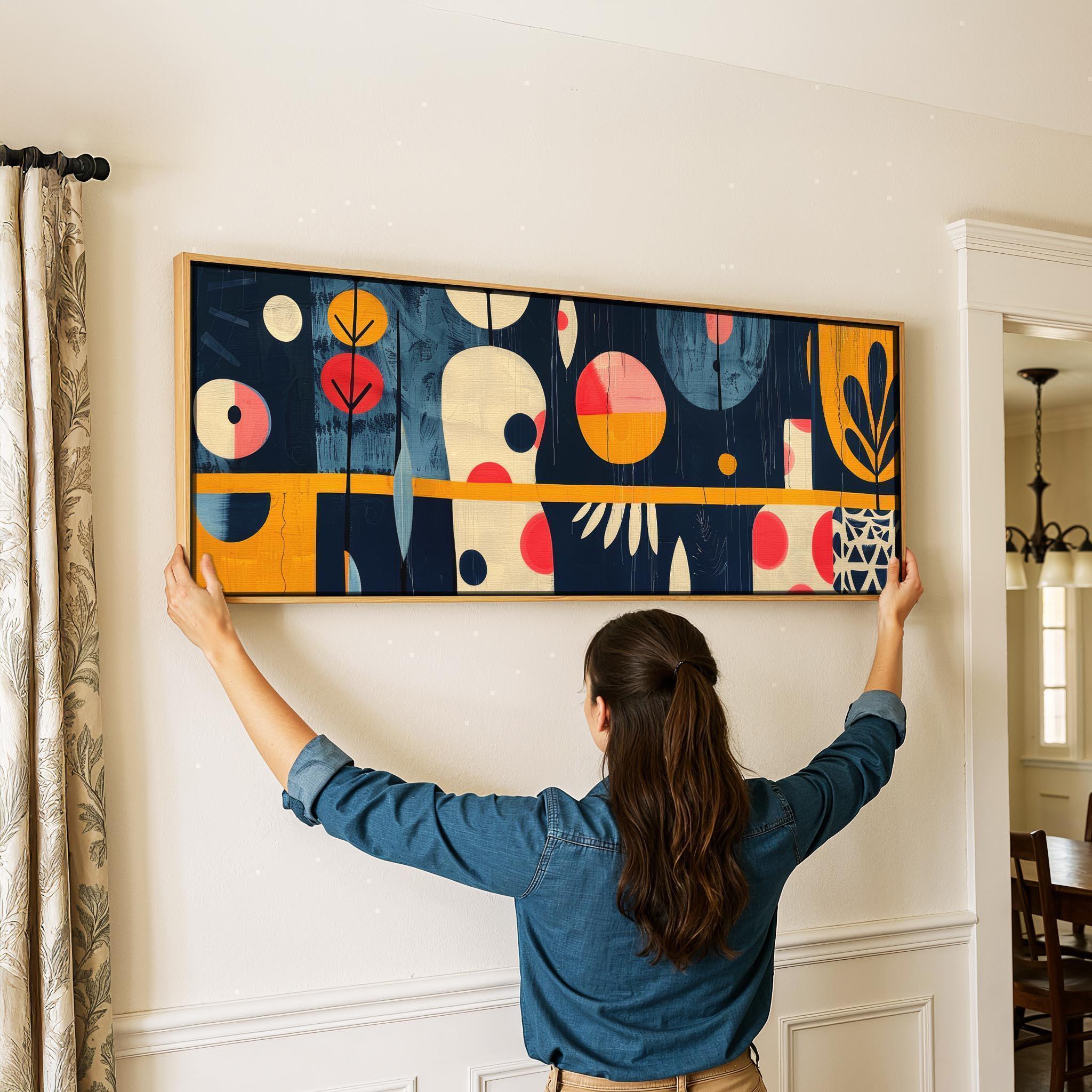 Vibrant Geometric Mid-century Modern Panoramic Print: Framed