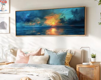 Sunset Over the Calm Ocean, Horizontal Seascape Wall Art, Panoramic Vintage Painting Print, Moody-Calm Wall Art, Above Bed Decor,