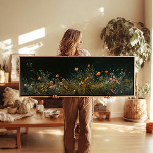 Wildflowers Field at Night: Moody Landscape Wall Art Framed - Horizontal Dark Academia Wall Art