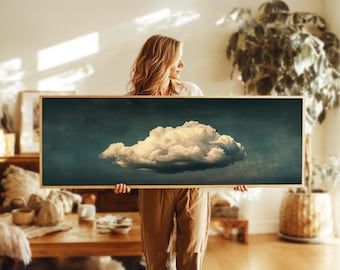 Vintage Framed Panoramic Cloud Wall Art: Minimalist Ultrawide Horizontal Print for Above Bed Decor