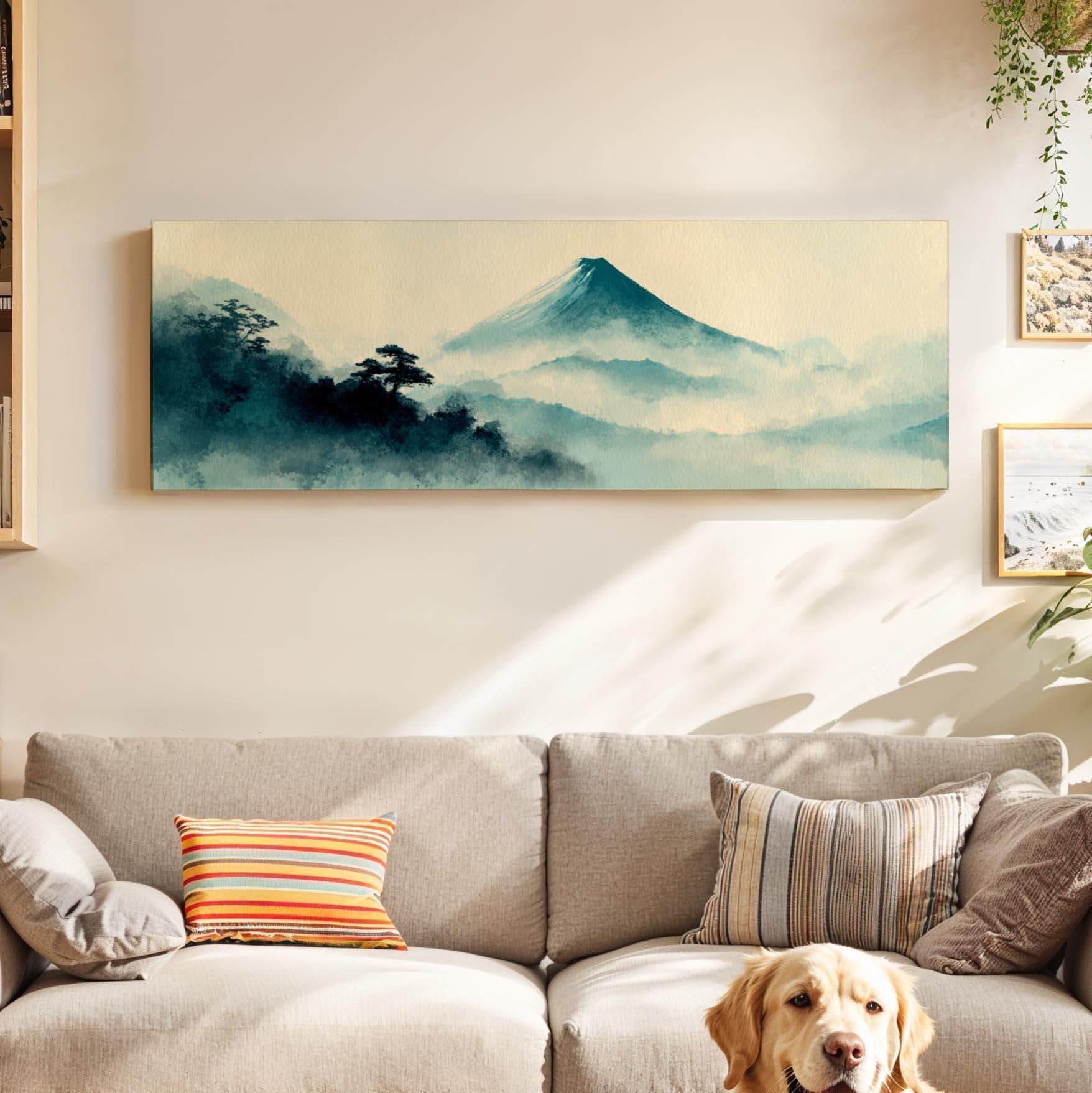 Panoramic Japanese Wall Art, Misty Mountain Landscape, Minimalist