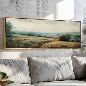 Vintage Spring Meadow Landscape Framed Canvas: Long Horizontal Wildflower Field Print