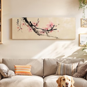 Quadro decorativo com flores de cerejeira japonesas: estampa minimalista asiática
