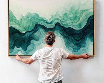 Impression sur toile abstraite paysage fluide vert : oeuvre d'art murale moderne et minimaliste