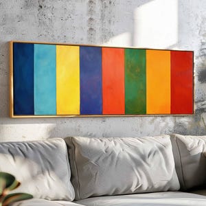 Halverwege de eeuw moderne muurkunst ingelijst, horizontale geometrische kleurrijke muurkunst, decoratie boven bed, boho kunst aan de muur, grote brede muurkunst