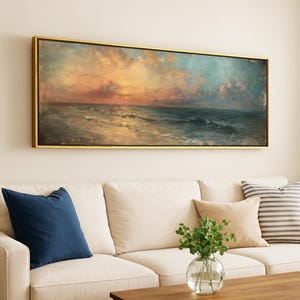 Moody Seascape Horizontal Wall Art Framed, Panoramic Print, Wide Vintage Painting Print, Large Wall Art, Above Sofa/Bed Boho Wall Decor