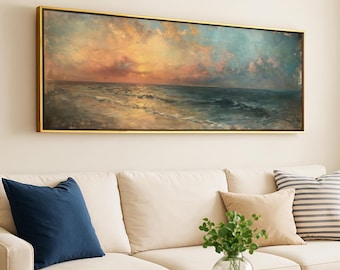 Vintage Seascape Wall Art Framed, Wide Moody Wall Art, Long Horizontal Calm Wall Decor