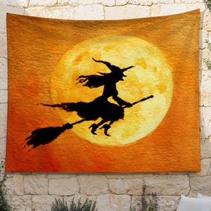 Halloween Wall Art Decor, Flying Witch Silhouette Against Full Moon, Spooky Witch Halloween Tapestry for Haunted Home & Party,