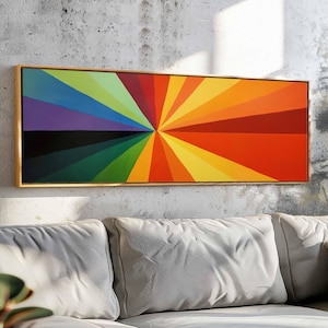 Halverwege de eeuw moderne muurkunst ingelijst, horizontale geometrische kleurrijke moderne muurkunst, decor boven bed, boho kunst aan de muur, grote brede muur kunst