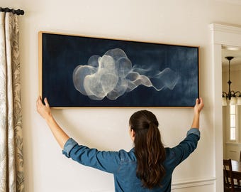 Abstract Cloud Framed Wall Art: Navy Blue Panoramic Print