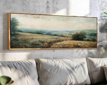 Vintage Spring Meadow Landscape Framed Canvas: Long Horizontal Wildflower Field Print