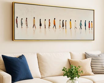 Quadro decorativo moderno bege com figuras abstratas de pessoas caminhando.