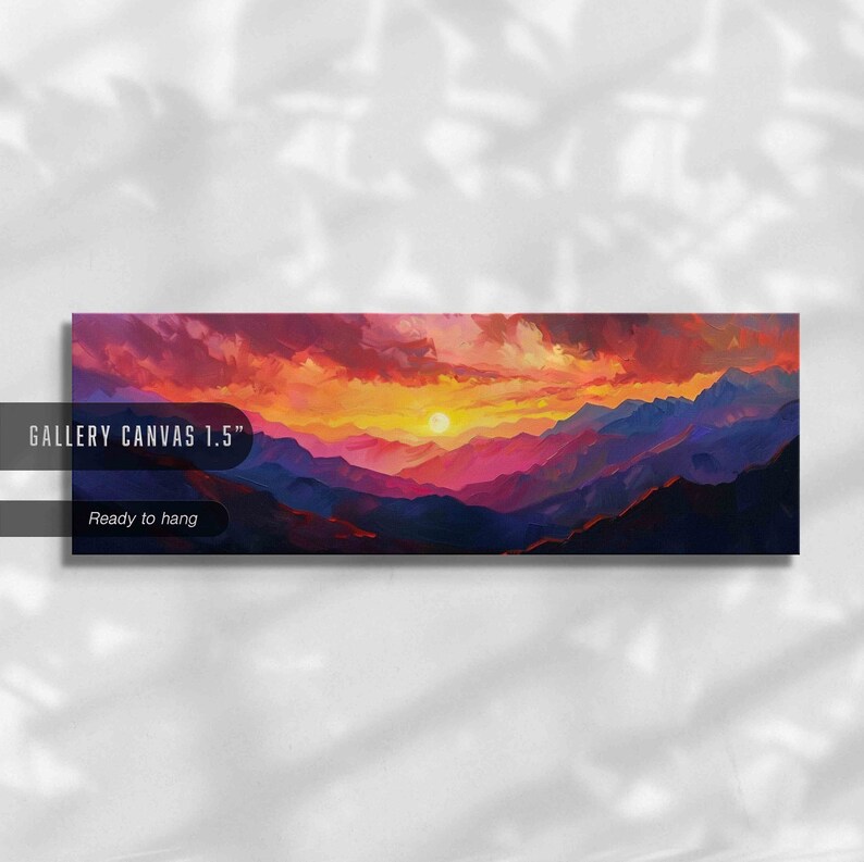 Sunset over the Purple Mountains, Minimal Horizontal Landscape Wall Art Framed, Moody Panoramic Print, Vintage Painting Print, Boho Wall Art image 8