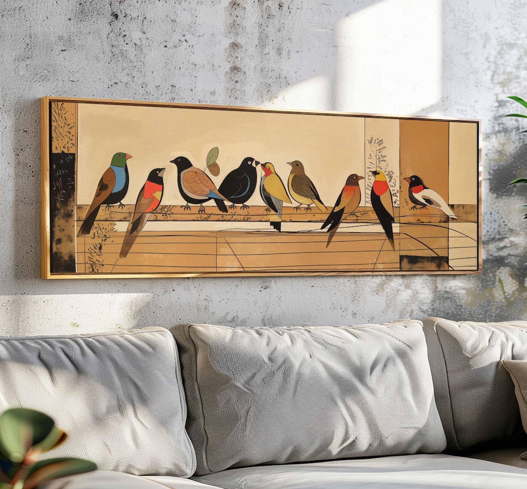Mural Milieu Oiseaux sur le fil, art mural moderne du milieu du siècle encadré, art ...