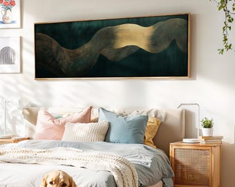 Emerald Green & Gold Abstract Art: Framed Panoramic Print