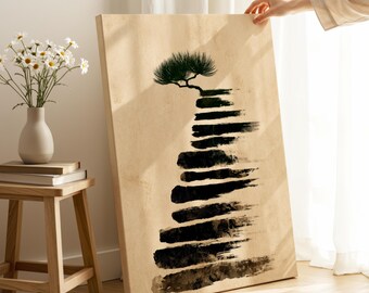 Décoration murale Japandi beige encadrée, impression japonaise