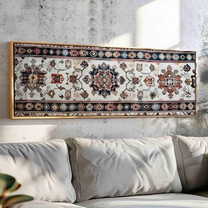 Ingelijste Anatolische wandtapijtenprint: gedempte vintage textielmuurkunst voor boho-slaapkamerdecoratie